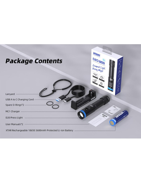 Xtar Mini Super D20 Press – Lampe plongée 1200 lm 18650